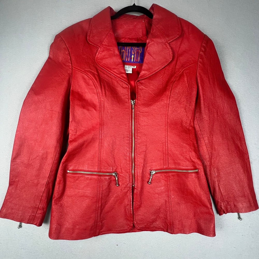 VTG 80s Don't Stop Leather Jacket Women Medium Red Zip Vintage Biker Chic Retro